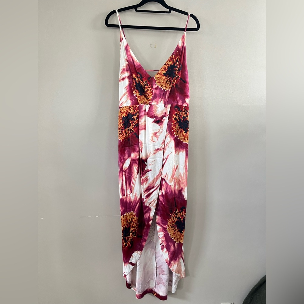 Free‎ People Floral Midi Dress- Satin Bold Print High Low White Red Pink Size 6